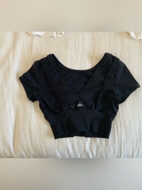 ALO Yoga Black V-Neck Ribbed Crop Top with Strap Detail
